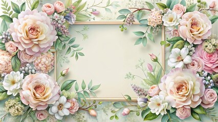 Delicate floral frames surround elegant invitation card with bouquets and subtle wedding ceremony hints in soft pastel colors background.