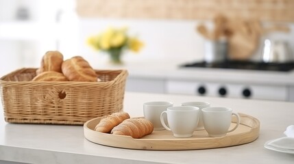 Coffee and Croissants on a Wooden Tray in a Kitchen