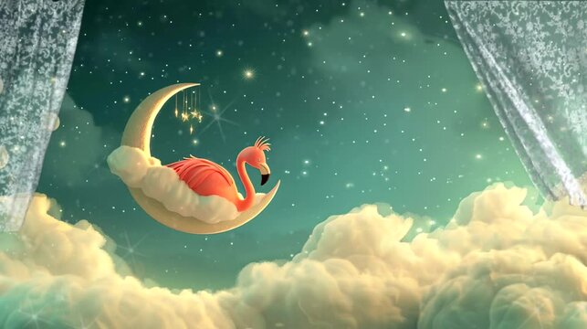 A flamingo sleeping on moon in the sky at night. Seamless loop video background