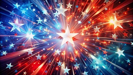 Naklejka premium Fiery patriotic background showcases vibrant red, white, and blue hues, bursting with dynamic stars, splashes, and energetic explosive designs.