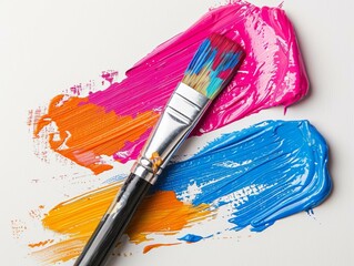 Obraz premium A paintbrush lies across a white surface with streaks of pink, orange, and blue paint