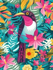Obraz premium A toucan bird with bright pink, blue, and black plumage perches on a branch surrounded by vibrant green leaves and pink and yellow flowers