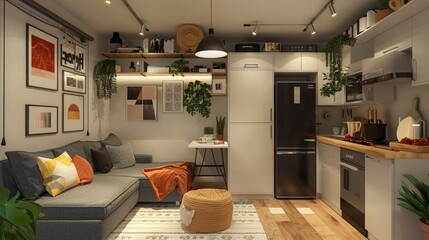 A chic studio apartment with smart storage solutions, stylish decor, and an efficient layout, maximizing space at home.