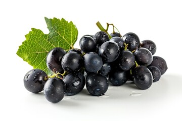 A cluster of dark purple grapes with one green leaf attached