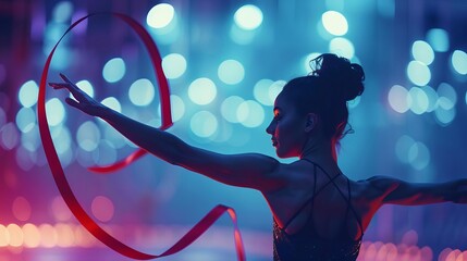 Illustrate the precision and artistry of a female gymnast in a stunning backbend