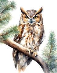 Naklejka premium tree feather olated owl fir wild background screech baby green white decoration painted loose bird sitting branch illustration hand