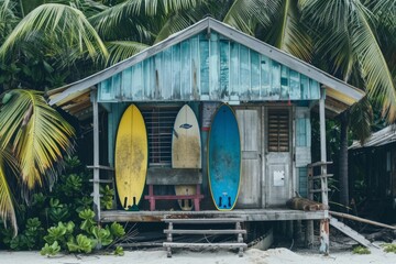 Blue wooden house with two surfboards in front of it
