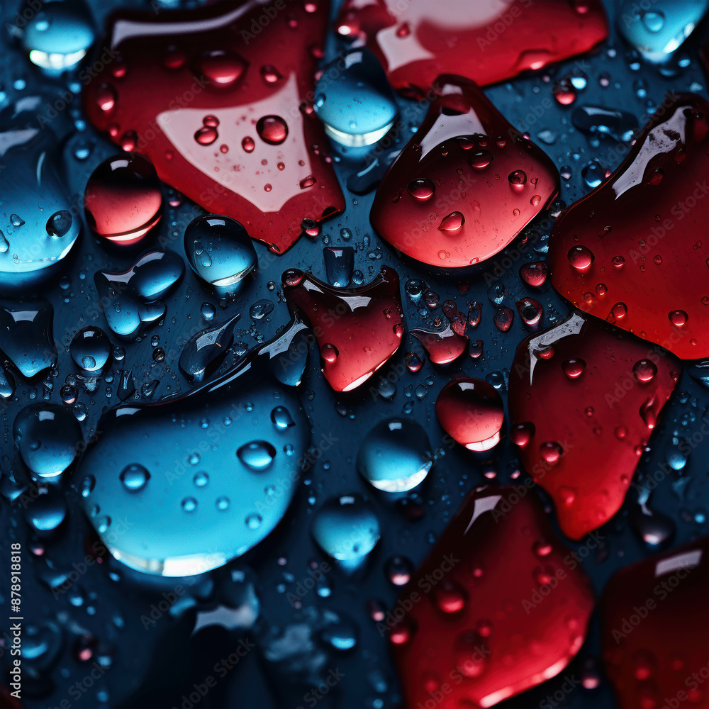 Poster abstract close-up of colorful water droplets scattered on a dark surface creating a mesmerizing and 
