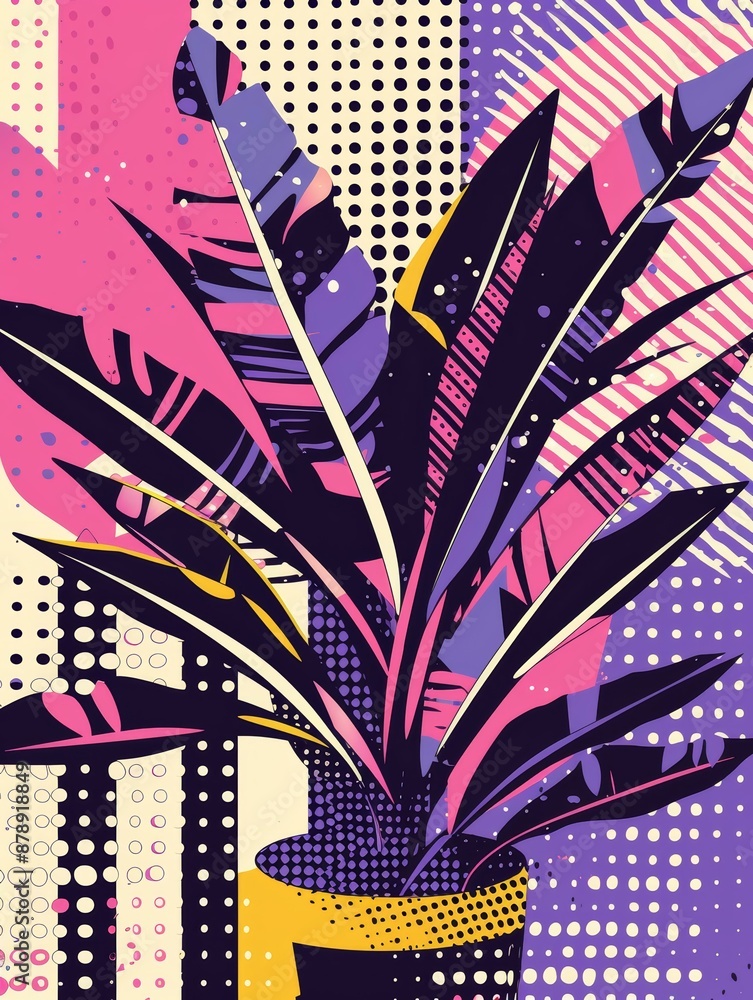 Poster A stylized illustration of a houseplant with bright pink, purple, and black leaves. The background features geometric patterns in a variety of colors