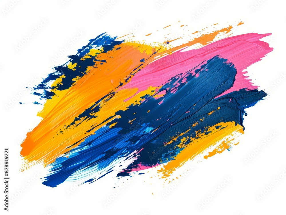 Poster A vibrant abstract design featuring yellow, blue, and pink paint strokes on a white background