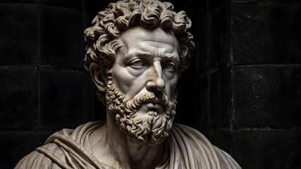 Fototapeta premium A stoic bust of Marcus Aurelius, sculpted from weathered marble with cracks and veins that hint at the passage of time, bathed in dramatic chiaroscuro lighting that accentuates Generative AI