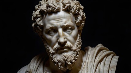 A stoic bust of Marcus Aurelius, sculpted from weathered marble with cracks and veins that hint at the passage of time, bathed in dramatic chiaroscuro lighting that accentuates Generative AI