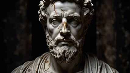 Fototapeta premium A stoic bust of Marcus Aurelius, sculpted from weathered marble with cracks and veins that hint at the passage of time, bathed in dramatic chiaroscuro lighting that accentuates Generative AI