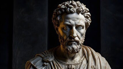 A stoic bust of Marcus Aurelius, sculpted from weathered marble with cracks and veins that hint at the passage of time, bathed in dramatic chiaroscuro lighting that accentuates Generative AI