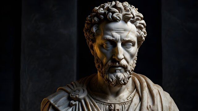 A stoic bust of Marcus Aurelius, sculpted from weathered marble with cracks and veins that hint at the passage of time, bathed in dramatic chiaroscuro lighting that accentuates Generative AI