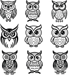 owl silhouette logo, black and white vector illustration collection
