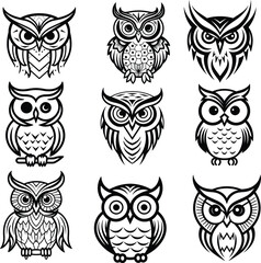 owl silhouette logo, black and white vector illustration collection

