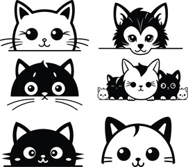 Fototapeta premium peeking cat silhouette black and white vector illustration cute sticker set, car sticker collection 
