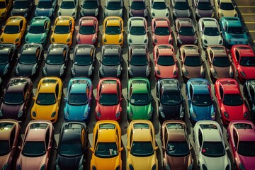 Fototapeta premium Top view of a parking lot with colorful cars.