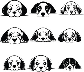 peeking dog silhouette black and white vector illustration cute sticker set, car sticker collection
