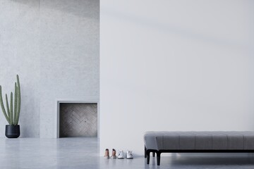 Home interior mock-up with bench and decor in modern livingroom, 3d render