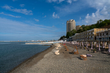 View of the beaches along the Primorsky street of Sochi on a sunny morning, Sochi, Krasnodar Territory, Russia