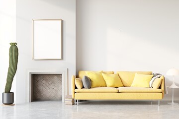 Home interior mock-up with Mockup frame, sofa and decor in modern livingroom, 3d render
