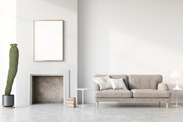 Home interior mock-up with Mockup frame, sofa and decor in modern livingroom, 3d render