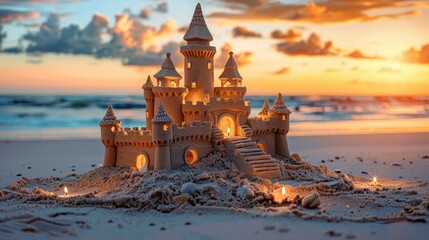 Naklejka premium Beautiful sandcastle illuminated by small lights, set against a stunning sunset on a beach with a dramatic sky.