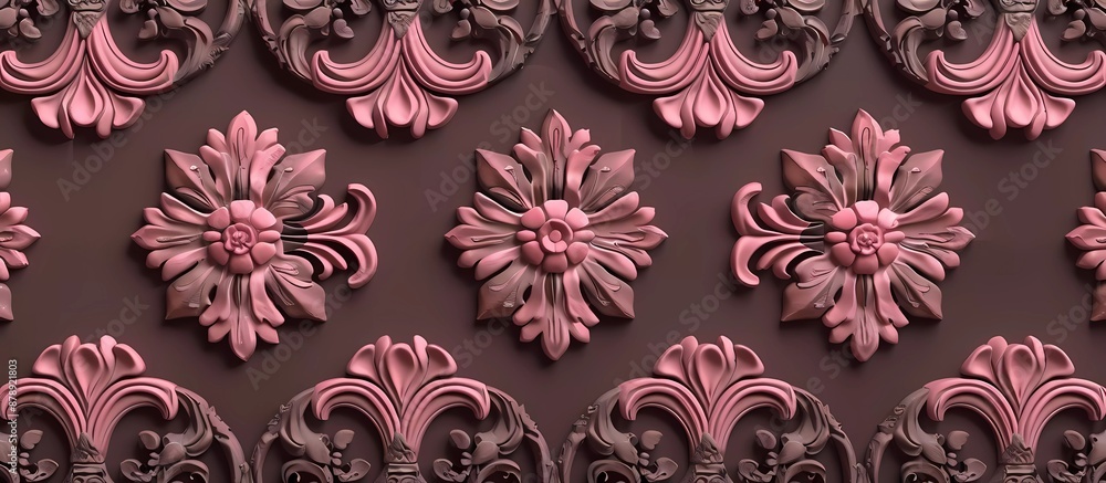 Poster 3d render of a seamless pattern on a brown background with pink ornaments in the style of a vector i