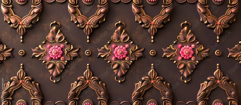 Poster 3d render of a seamless pattern on a brown background with pink ornaments in the style of a vector i