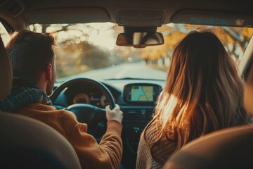 Fototapeta premium Caucasian young man driving a car with joyful woman on a long drive