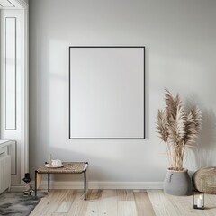 Square blank canvas mockup in a modern apartment, framed and mounted on the wall, perfect for showcasing artwork or designs