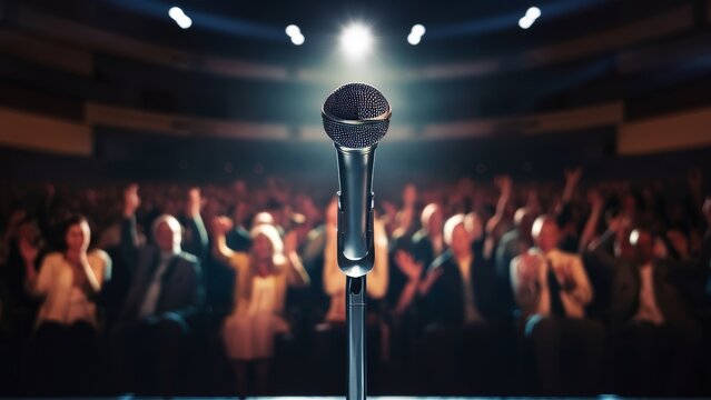 Close Up Single Microphone Center Stage Illuminated by Spotlight, Public Speaking Power and Communication