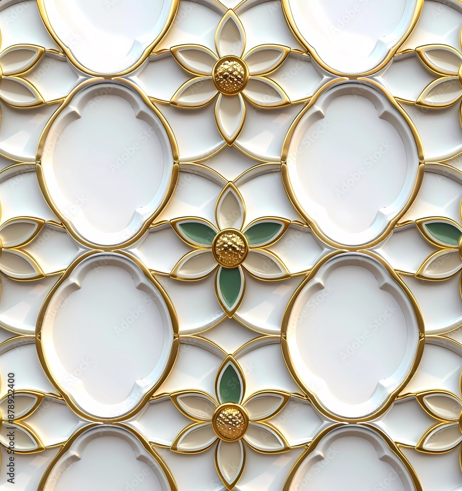 Poster 3d render of a simple pattern on a white background with golden and olive green accents in the style