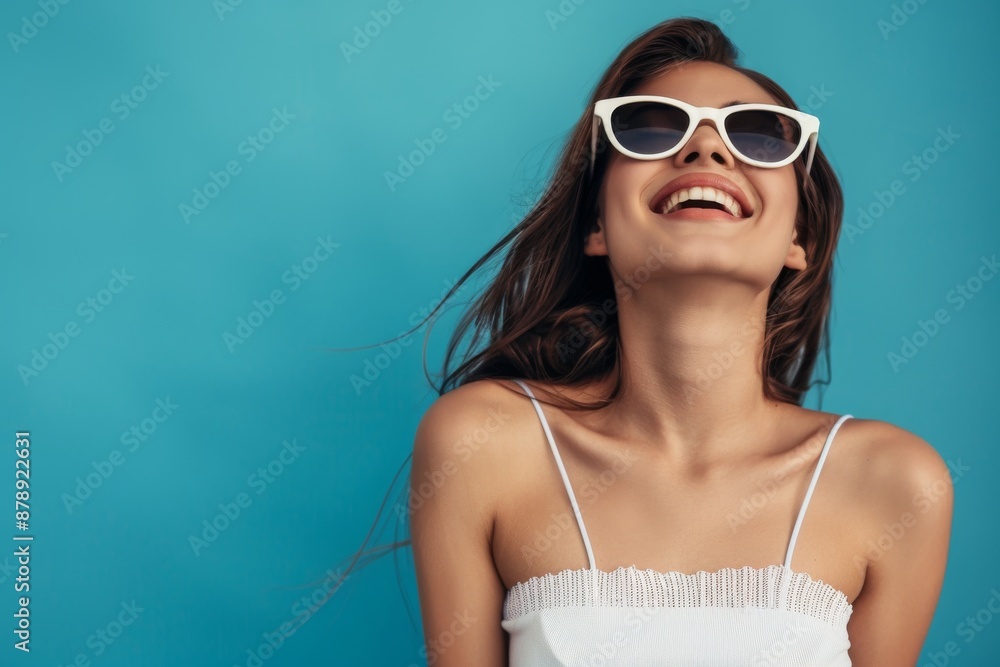 Wall mural Cheerful young woman in sunglasses against blue background