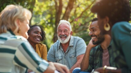 An image depicting a diverse group of people of various ages engaged in conversation in a relaxed outdoor setting. This image should convey the idea o, AI Generative