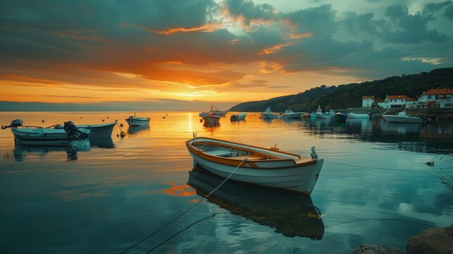 A charming fishing village at dawn, boats anchored in calm waters, soft light illuminating the scene