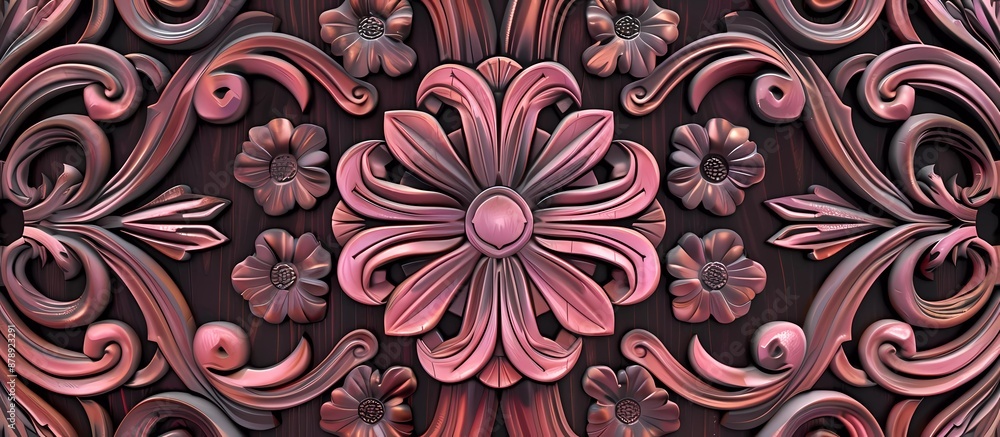 Poster 3d render of a seamless pattern on a brown background with pink ornaments in the style of a vector i