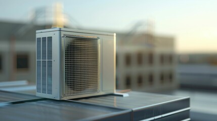 Urban travel an air conditioner on a rooftop overlooking the city skyline