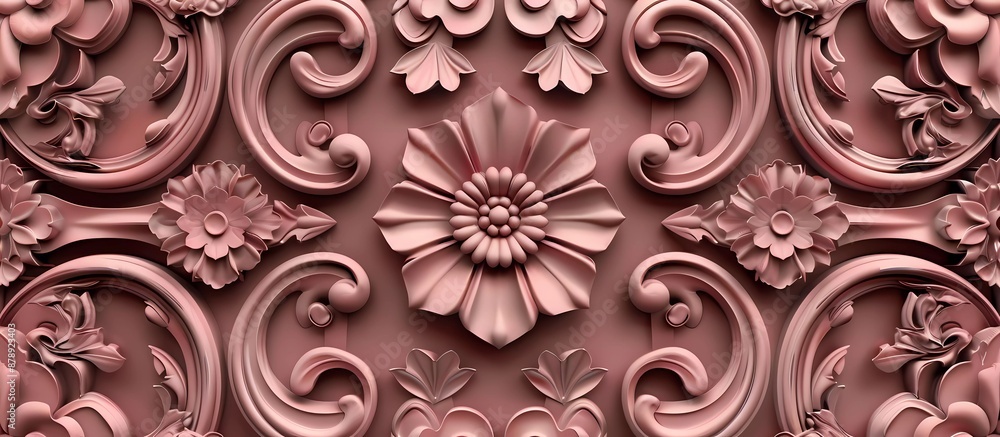 Poster 3d render of a seamless pattern on a brown background with pink ornaments in the style of a vector i