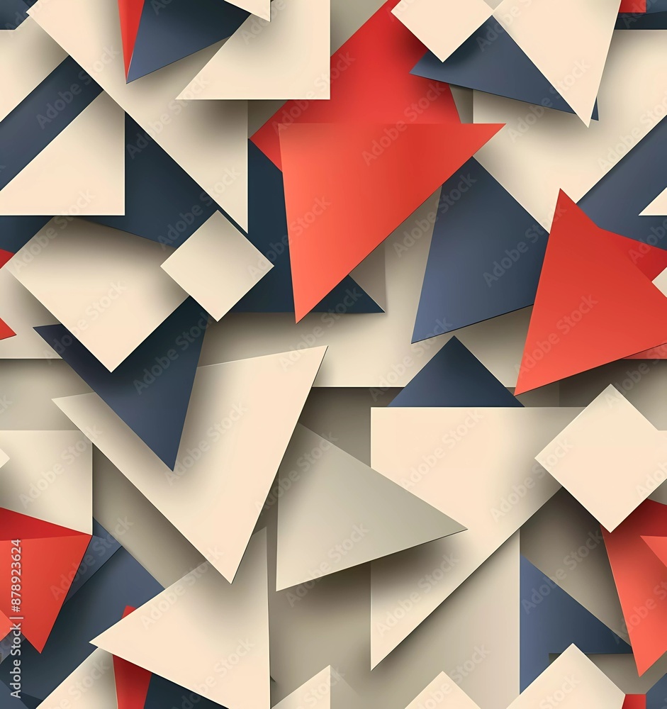 Poster 3d vector seamless pattern with abstract minimalistic geometry, squares and triangles in beige, red,