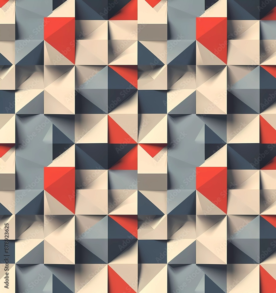 Poster 3d vector seamless pattern with abstract minimalistic geometry, squares and triangles in beige, red,
