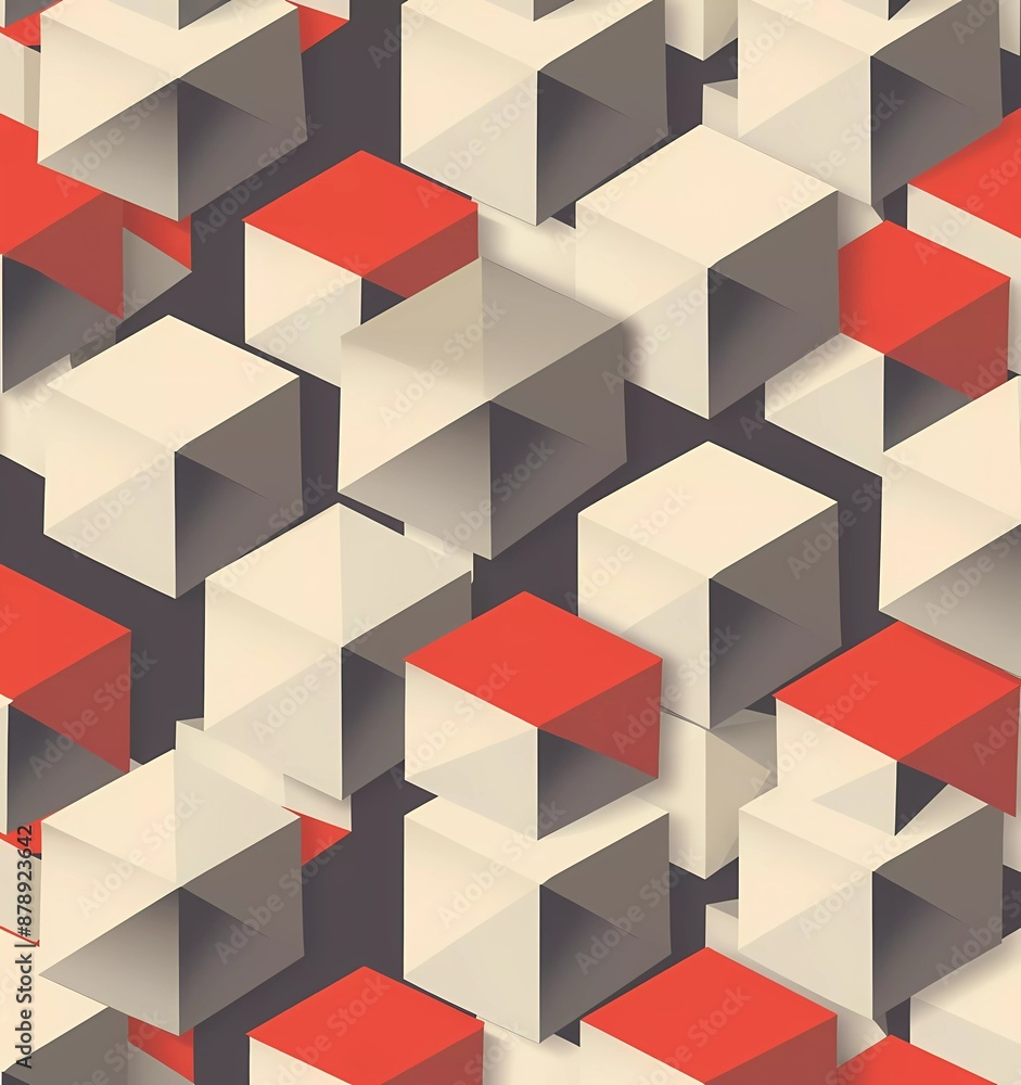 Poster 3d vector seamless pattern with abstract minimalistic geometry, squares and triangles in beige, red,