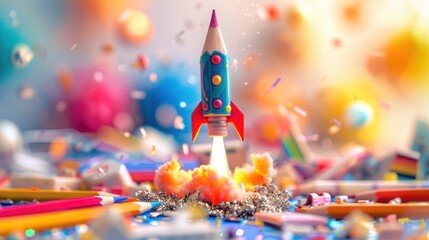 A vividly colored pencil rocket launching from a base of scattered school supplies, all overlayed with a light glitter grunge effect, adding a magical touch