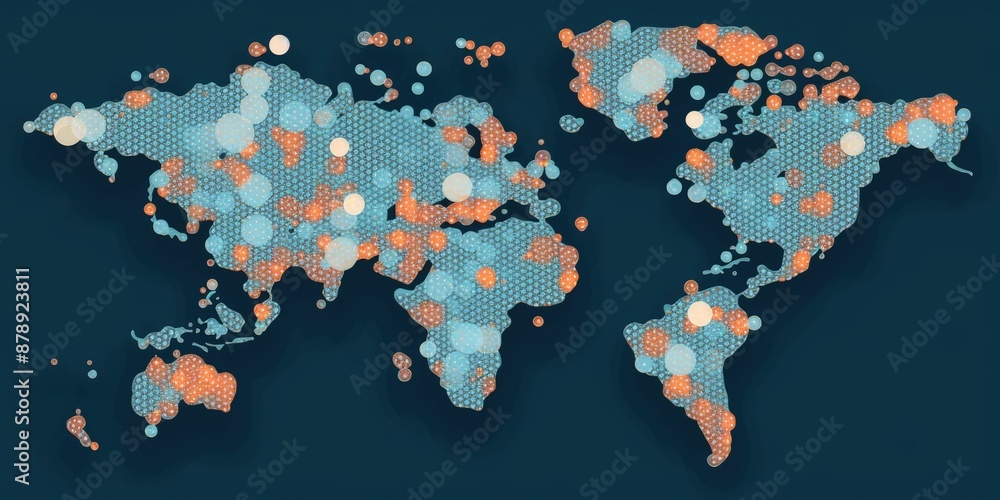 Poster abstract vibrant world map composed of multicolored circles on a light background. global diversity 