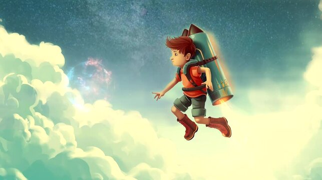 Little boy with jetpack floating in the sky Seamless looping time-lapse 4k video animation background