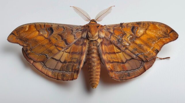 Close up of adult umber moth with wings outstretched on white surface