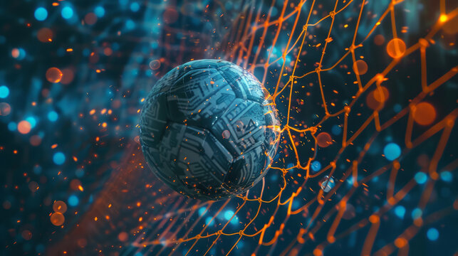 A soccer ball is surrounded by a web of wires and sparks