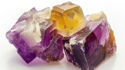 Fototapeta premium Purple and yellow Fluorite and white calcite from USA macro photography on white background Close up of natural semi precious gemstone